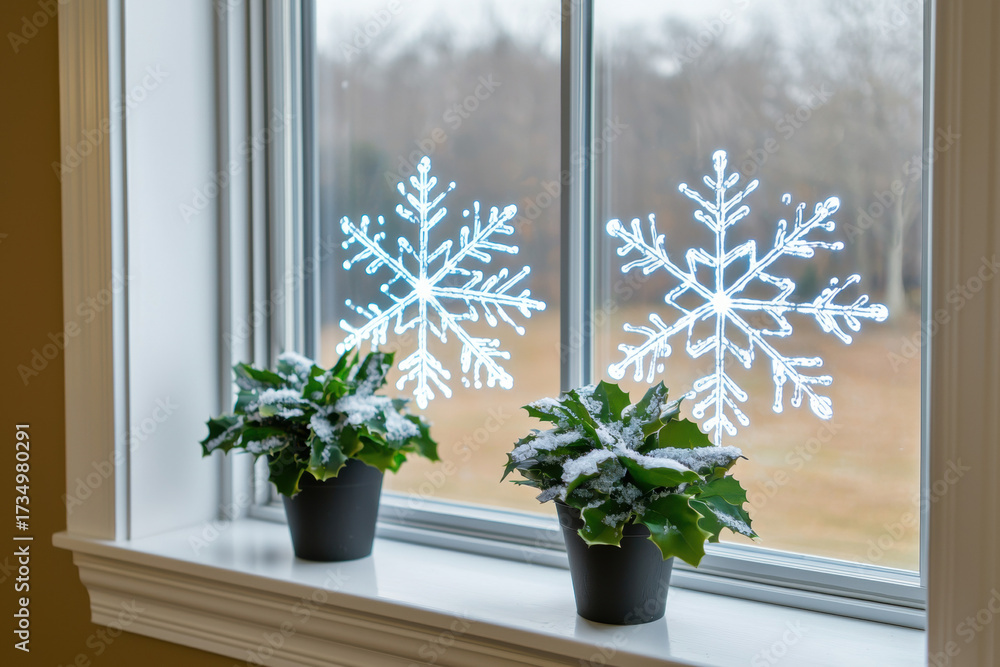 Fototapeta premium Snowflake window decals, potted green plants with artificial snow, winter home decor, cozy and festive atmosphere