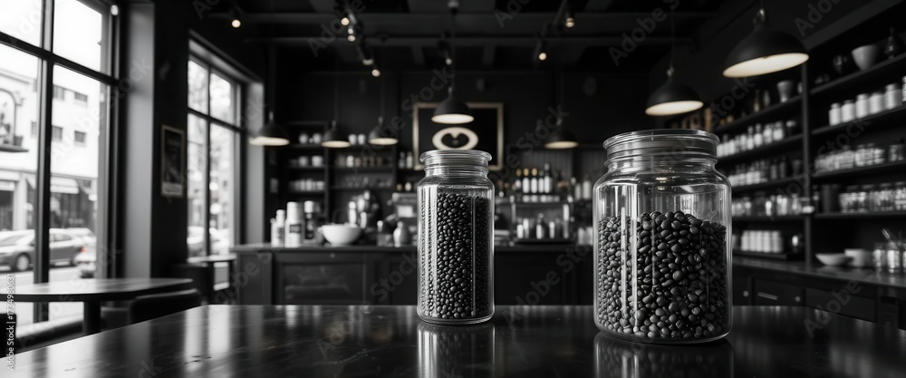 Fototapeta premium High Contrast monochrome coffee shop showcasing a glass jar of coffee beans