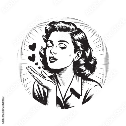 Classic Pin Up Girl Sending Love Vector Art