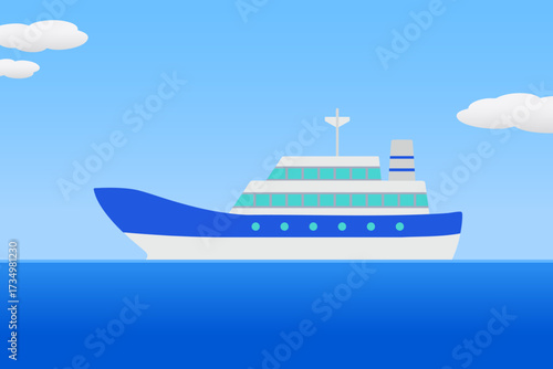 青い空と青い海を進んでいく旅客船 シンプルな風景イラスト