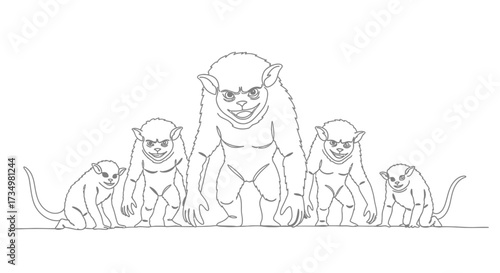 A Group of Primates An Illustration of Monkeys and Apes Lineart Image