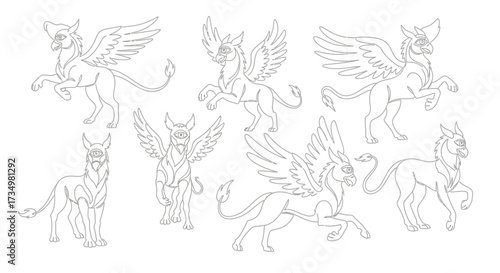 Collection of Griffin Outlines with Wings and Tail for Coloring Book Design