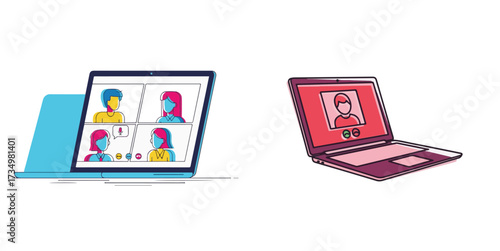 Laptops depicting virtual video conference and online calls