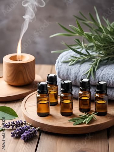 Aromatherapy setup with essential oils and a diffuser on a wooden table, wellness, tranquil environment
