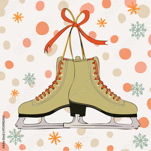 mint ice skates tied with coral ribbon boutique holiday tag motif refined line-art composition