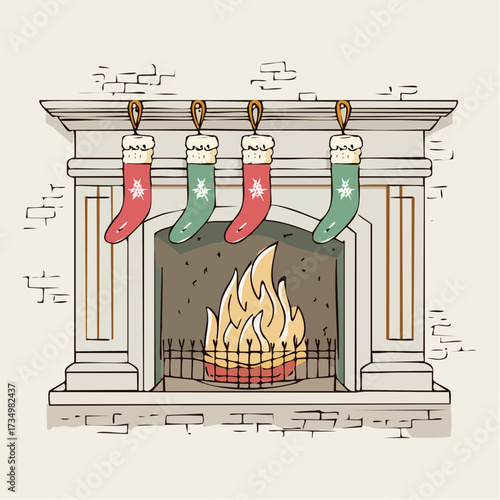 cozy minimalist fireplace with three pastel stockings warm-card composition for intimate holiday greetings
