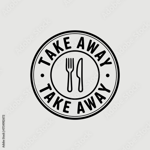 Take Away Black and White Circular Food Service Stamp - Restaurant Delivery Fork and Knife Icon Vector