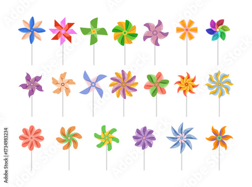 Set of colorful pinwheel set collection. Wind fan toy cartoon pinwheel. Weathercock Paper propeller kid toy. Windmill baby joy for summer weather, breeze wheel child color whirligig spinner, neat.