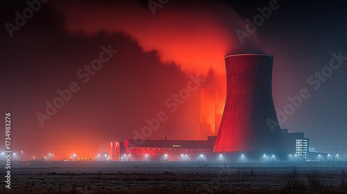 Nuclear power plant emits red smoke at night pollution industrial landscape.