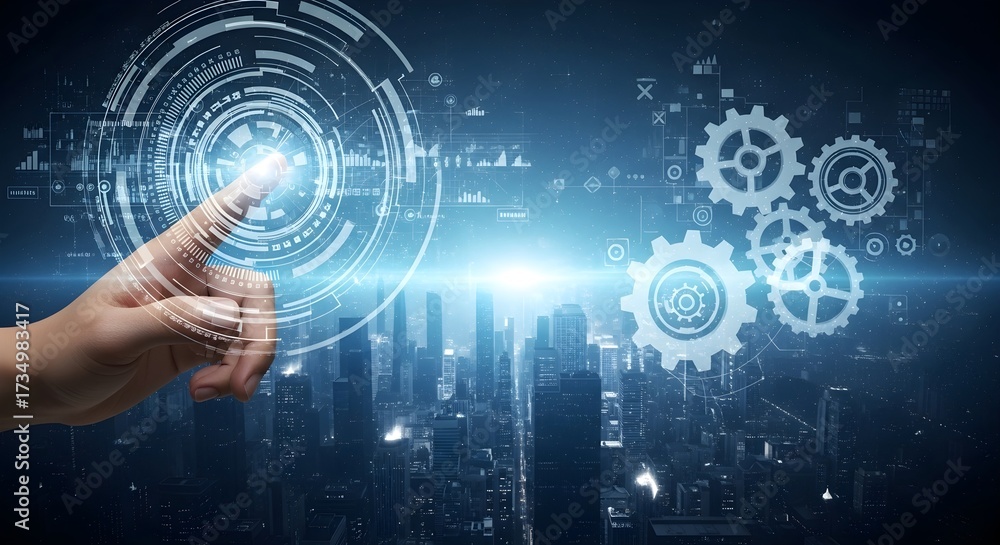 Fototapeta premium Futuristic Industrial Automation, Smart City Control Interface, Interacting with Digital Gears