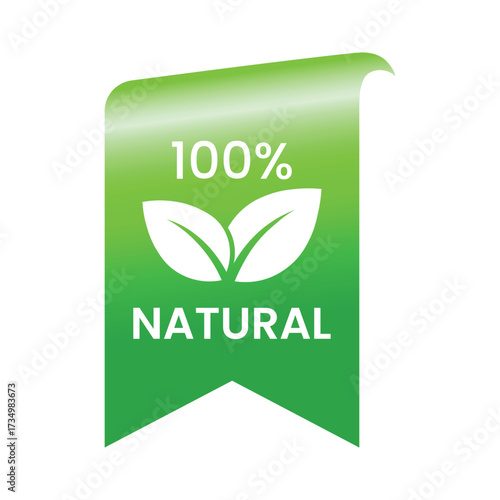 Vector art of green ribbon tag with 100 natural text and leaf icon