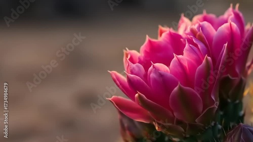 Vibrant Pink Cactus Flowers Blooming in the Desert Landscape at Sunset.
