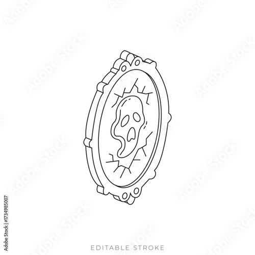 Cursed Mirror Isometric Vector Outline Haunted Cracked Glass with Ghostly Reflection