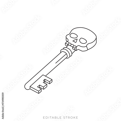 Skull Key Isometric Vector Outline Spooky Horror Lock Symbol