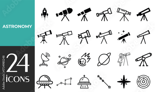 Space & Astronomy set of web icons in line style. Universe icons including satellite, astronaut, rocket, comet, telescope, planet, galaxy, and more. Editable stroke. Vector illustration