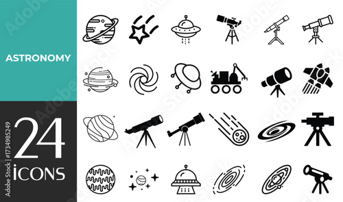 Space & Astronomy set of web icons in line style. Universe icons including satellite, astronaut, rocket, comet, telescope, planet, galaxy, and more. Editable stroke. Vector illustration