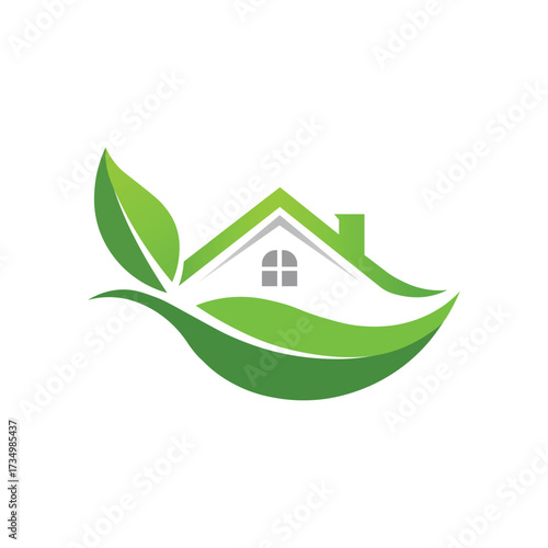 Vector art of abstract logo design combining a house silhouette with green leaves, symbolizing ecofriendly living