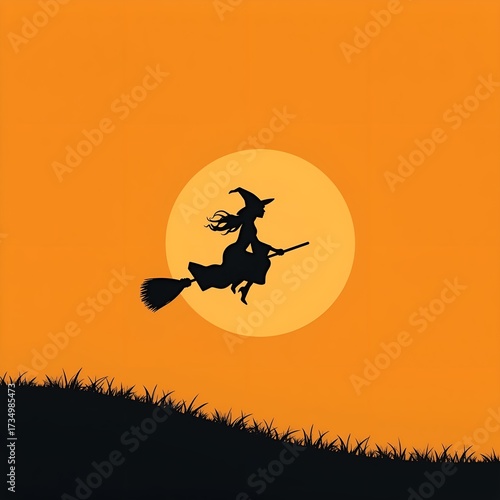 Elegant Witch Silhouette Against an Orange-to-Black Gradient Sky