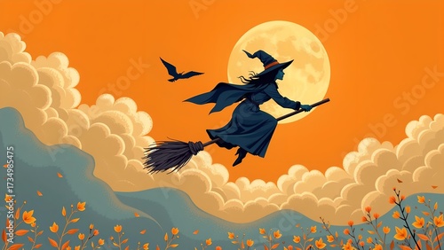 Elegant Witch Silhouette Against an Orange-to-Black Gradient Sky