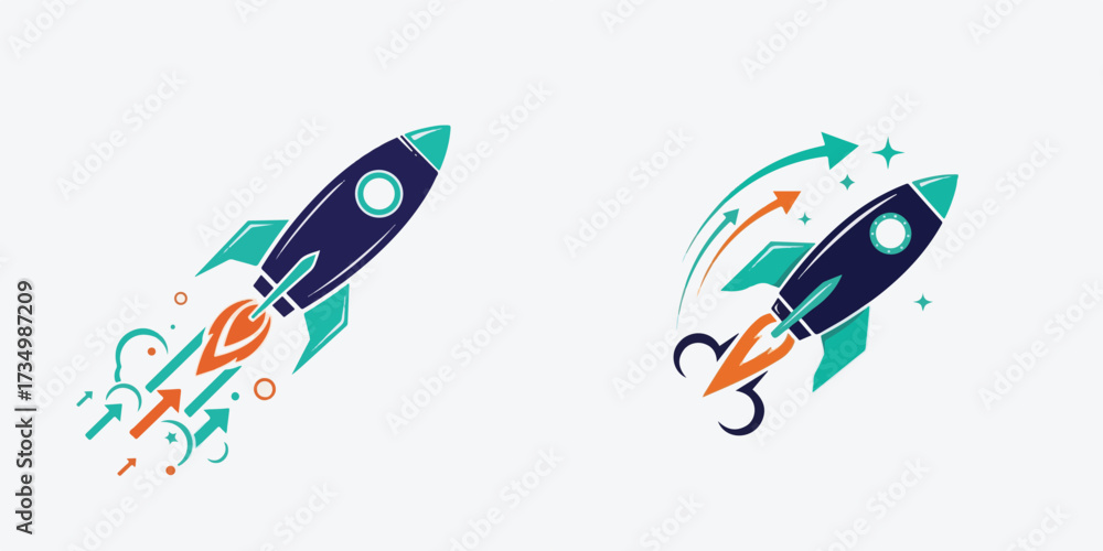 Naklejka premium Dynamic Rocket Launch with Upward Arrows and Energetic Sparks