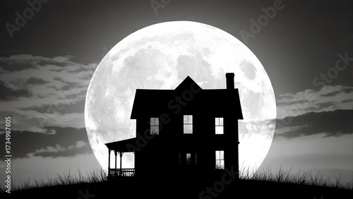 Haunting Full Moon Over an Abandoned House