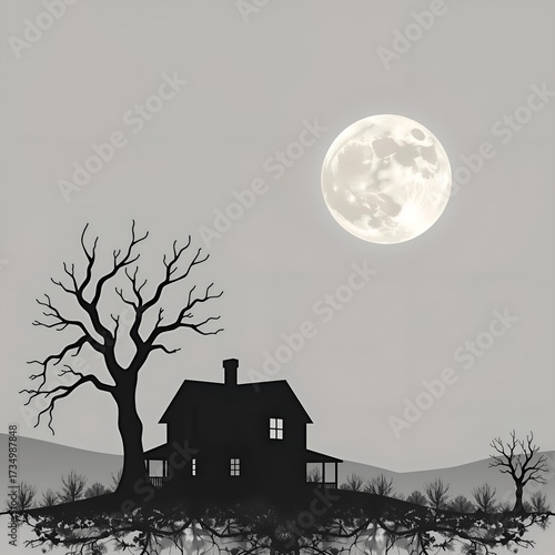 Haunting Full Moon Over an Abandoned House