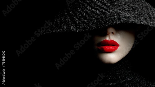 Wallpaper Mural Mysterious Portrait of a Woman with Red Lips and Black Hat in Dim Lighting Torontodigital.ca