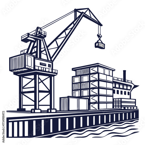 A large industrial crane is actively loading cargo containers onto a docked ship at a busy shipping port