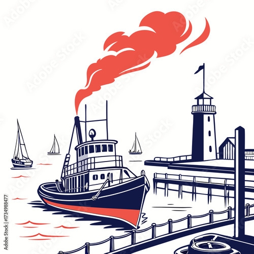 A vintage tugboat sails into a harbor past sailboats and a lighthouse with red smoke billowing from its stack
