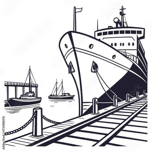 A large passenger ship docked at a pier with smaller boats in the background and a clear sky