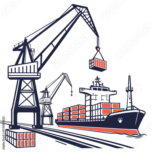 Massive industrial cranes actively loading and unloading shipping containers onto a large cargo vessel at a busy port