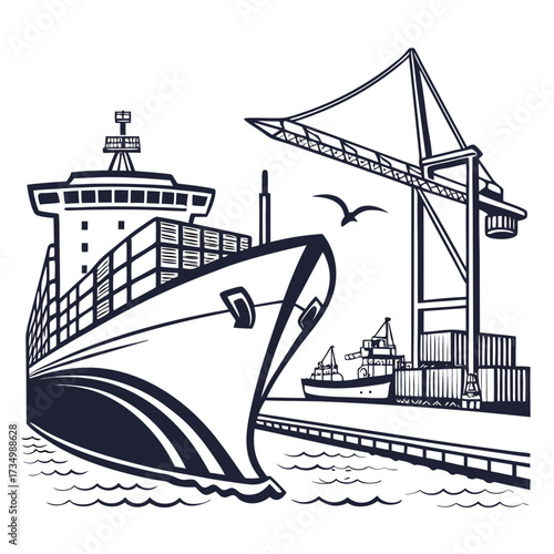 Large cargo ship docked at a busy port with cranes loading containers and seagulls flying overhead