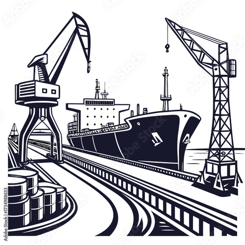 Large cargo ship docked at a port with industrial cranes loading and unloading cargo onto railway tracks