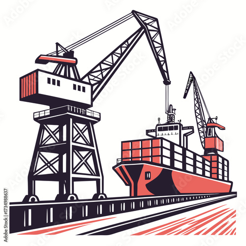 Modern cargo ship being loaded with containers by large industrial cranes at a busy port terminal