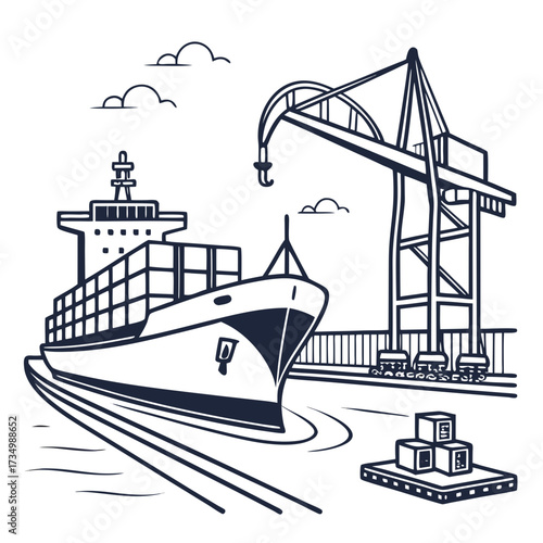 Modern container ship docked at a busy port with a large crane loading cargo onto the vessel