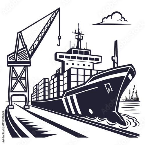 Modern cargo ship docked at a busy port with a large industrial crane loading containers onto the vessel