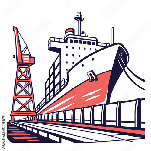 Stylized illustration of a large cargo ship docked at a pier next to a red industrial crane