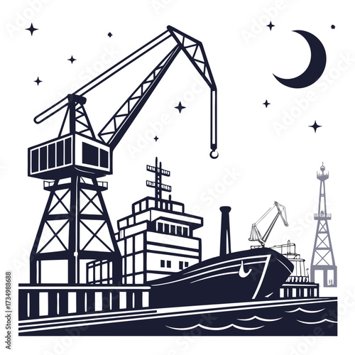 Silhouette of a cargo ship being loaded by a large crane at a port under a starry night sky with a crescent moon
