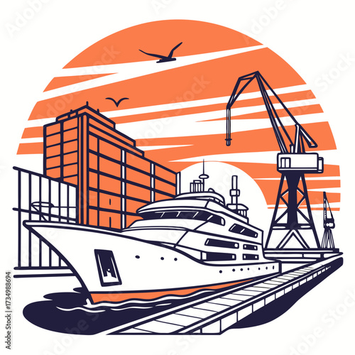 Modern luxury yacht docked at a busy industrial harbor with large cranes and buildings against an orange sunset sky