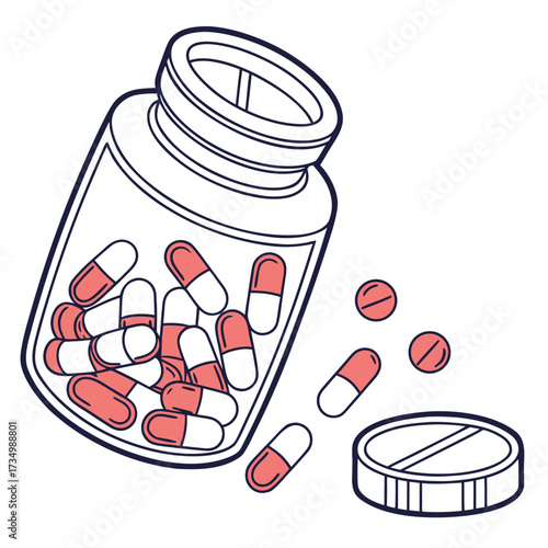 A clear illustration of a tilted medicine bottle overflowing with red and white capsules and several pills scattered around it on a white background