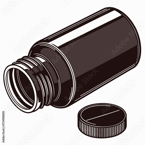A dark brown pill bottle lies on its side with the cap removed and placed next to it on a white background