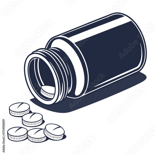 A dark blue pill bottle lies on its side spilling out several white round pills onto a white surface