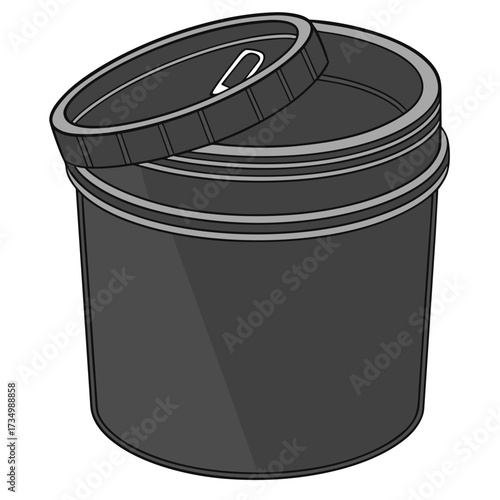 A simple dark gray cylindrical container with a slightly ajar lid showing a white pull tab on a white background