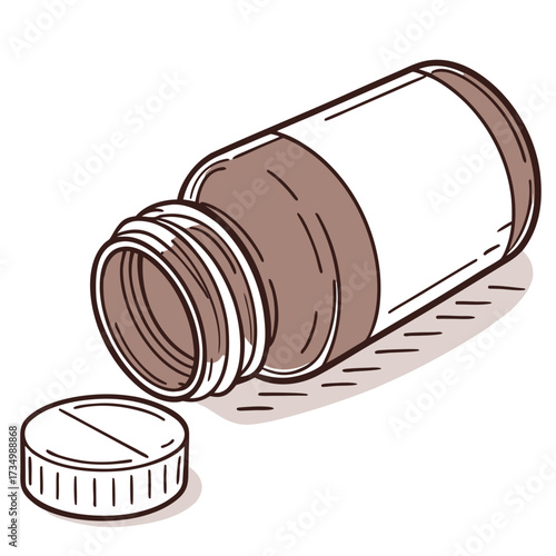 A simple line drawing of a brown pill bottle lying on its side with the cap off and one pill next to it