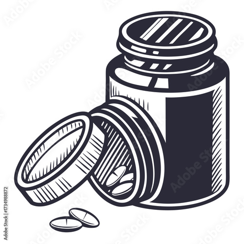 A stylized illustration of an open pill bottle with several pills spilling out onto a white background