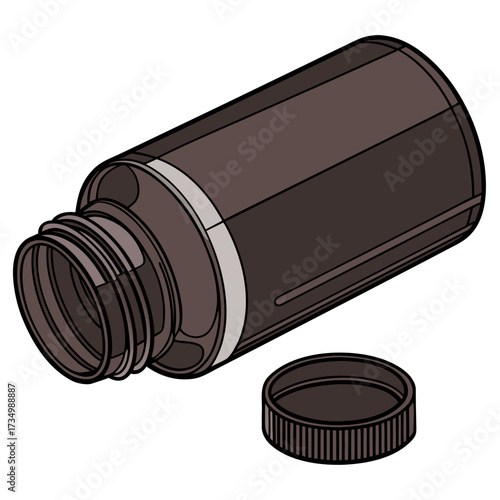 An empty dark brown plastic pill bottle lies on its side with the cap removed and placed nearby