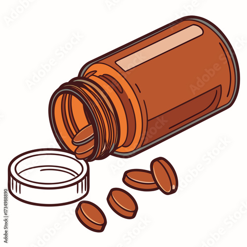 An open orange prescription bottle with brown pills spilling out onto a white background