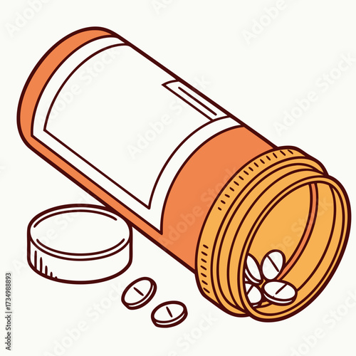 An open orange prescription pill bottle with white pills spilling out onto a white surface with the cap nearby