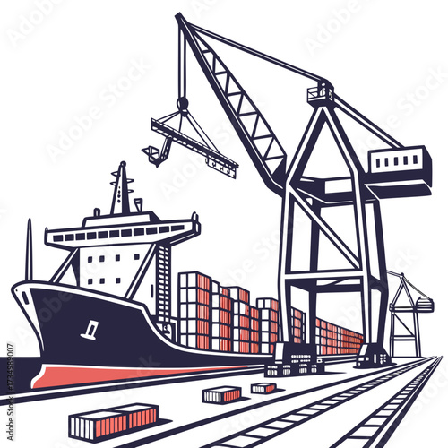 Industrial cargo ship being loaded with shipping containers by large cranes at a busy port with railway tracks