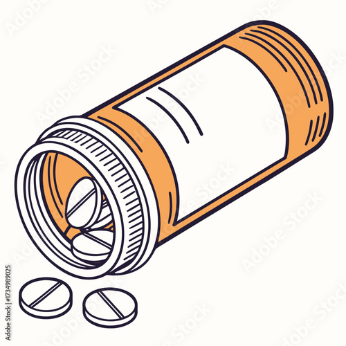 Illustration of an open orange prescription pill bottle with white label and several round white pills spilling out onto a white background
